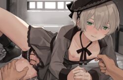 2boys bar_censor black_legwear black_panties blush censored collarbone crossdressing cum dress eyebrows_visible_through_hair femboy green_eyes grey_dress grey_hair hair_between_eyes handjob hat indoors long_sleeves male_focus multiple_boys nipple_tweak nipples original otoko_no_ko panties penis solo_focus sunaba_(nczd5875) trap trembling two-handed_handjob underwear yaoi