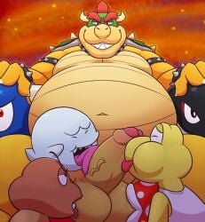 2022 anthro ball_lick balls banzai_bill belly big_belly boo_(mario) bowser bullet_bill bully_(mario) elemental_creature erection flora_fauna genitals goomba group hi_res humanoid_genitalia humanoid_hands humanoid_penis koopa koopa_troopa leonthelionel licking male male_only mario_(series) navel nintendo oral overweight overweight_male penile penis penis_lick piranha_plant plant scalie sex sitting tongue tongue_out video_games