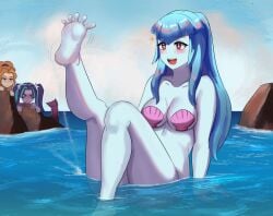 adagio_dazzle aria_blaze blue_hair blue_skin bottomless cleavage disney equestria_girls female_only friendship_is_magic iojknmiojknm large_breasts long_hair mermaid movie_reference my_little_pony orange_hair ponytail purple_hair purple_skin seashell_bra seaside sitting sonata_dusk the_dazzlings the_little_mermaid twintails yellow_skin