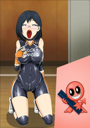 big_breasts black_hair breasts censored crotch_zipper female haikyuu!! hypnosis latex latex_suit mind_control rosvo rubber rubber_suit service short_hair text