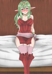 breasts female fire_emblem fire_emblem_awakening green_eyes green_hair jewelry large_breasts looking_at_viewer manakete nintendo no_bra no_panties no_underwear pointy_ears short_dress sitting sitting_on_bed smile strapless_dress tiara tiki_(adult)_(fire_emblem) tiki_(fire_emblem) uncats