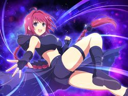 ass blush boots booty_shorts braid braided_hair breasts collaboration crop_top crossover fingerless_gloves fit gloves grey_eyes grin huge_breasts kurosaki_mea large_ass large_breasts looking_at_viewer midriff navel official_art open_mouth red_hair revealing_clothes senran_kagura short_shorts shorts slim smile thick_thighs thighband tied_hair to_love-ru very_long_hair