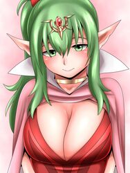 1girls breasts cleavage female fire_emblem fire_emblem_awakening green_eyes green_hair huge_breasts jewelry looking_at_viewer manakete nintendo no_bra pointy_ears smile solo source_request tiara tiki_(adult)_(fire_emblem) tiki_(fire_emblem) uncats