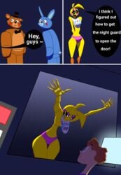 1girls arms_behind_back avian bedroom_eyes bib breast_slip breasts comic five_nights_at_freddy's five_nights_at_freddy's_2 makeup night_guard_(fnaf) nipple_slip no_areola no_bra panties presidentbruh robot_girl seductive seductive_smile skinny thick_thighs toy_bonnie_(fnaf) toy_chica_(fnaf) toy_freddy_(fnaf) wide_hips