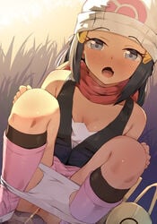 bag beanie blue_hair breasts cleavage dawn_(pokemon) eyebrows_visible_through_hat female hat highres looking_at_viewer open_mouth panties partially_visible_vulva peeing pokemon pokemon_(game) pokemon_dppt pussy red_scarf scarf seneto solo squatting underwear urine white_headwear white_panties