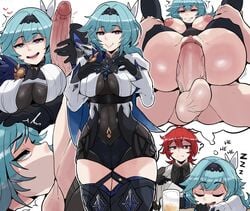 1boy 1girls all_the_way_to_the_base areolae balls big_breasts blowjob blue_hair bouncing_balls breasts deepthroat diluc_(genshin_impact) dream drunk eula_(genshin_impact) fellatio female genshin_impact gloves horny_female horu huge_breasts huge_cock large_breasts large_penis male nipples oral red_hair reverse_suspended_congress sex sleeping testicles text thick_penis thick_thighs thighhighs thighs vaginal_penetration vaginal_sex veiny_penis