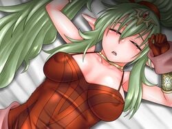 blush breasts covered_navel dress female fire_emblem fire_emblem_awakening green_eyes green_hair jewelry large_breasts manakete nintendo nipples no_bra no_panties no_underwear pointy_ears solo tiara tiki_(adult)_(fire_emblem) tiki_(fire_emblem) uncats