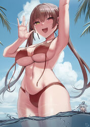 2021 2girls :d air_bubble arm_up armpits bangs bare_arms bare_shoulders bikini blood blue_eyes blue_sky blush breasts brown_hair bubble cloud collarbone covered_nipples day earrings eyebrows_visible_through_hair female female_only gawr_gura heterochromia highres hololive hololive_english hololive_fantasy hololive_japan hololive_myth houshou_marine jewelry kakeku large_breasts long_hair looking_at_viewer multiple_girls necklace nosebleed open_mouth outdoors red_bikini red_eyes signature silver_hair sky smile solo_focus swimsuit teeth twintails underboob untied untied_bikini upper_teeth virtual_youtuber wading water yellow_eyes