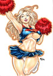 2d 7:5 abs alternate_costume artist_signature big_breasts blonde_hair blouse blouse_lift blue_blouse blue_eyes blue_miniskirt cheerleader crossed_legs cute dc dc_comics deviantart drawn ed_benes_studio fred_benes golden_hair holding_pom_poms kara_danvers kara_zor-el kryptonian large_breasts long_hair looking_at_viewer miniskirt mound_of_venus navel no_bra no_bra_under_clothes panties pink_lipstick pinup pleated_miniskirt pleated_skirt pom_poms pov questionable see-through see-through_clothing sensual shiny_skin skirt skirt_lift supergirl superheroine superman_(series) thick thick_thighs thighs underboob underwear white_panties wide_hips