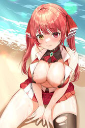 1girls 2021 absurdres bangs bare_arms bare_shoulders beach between_legs black_legwear blush breasts cleavage closed_mouth cowboy_shot eyebrows_visible_through_hair female female_focus female_only from_above hair_ribbon hand_between_legs heterochromia highres hololive hololive_fantasy hololive_japan houshou_marine jacket large_breasts lillly long_hair looking_at_viewer navel no_bra open_clothes open_jacket outdoors pleated_skirt red_eye red_hair red_jacket red_ribbon red_skirt ribbon seiza single_thighhigh sitting skirt sleeveless sleeveless_jacket solo solo_female thighhighs torn_clothes torn_legwear twintails virtual_youtuber wet wet_body wet_skin yellow_eye