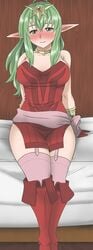 breasts female fire_emblem fire_emblem_awakening green_eyes green_hair jewelry large_breasts looking_at_viewer manakete nintendo no_bra no_panties no_underwear pointy_ears short_dress sitting sitting_on_bed smile strapless_dress tiara tiki_(adult)_(fire_emblem) tiki_(fire_emblem) uncats