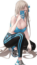 asuna_(blue_archive) big_breasts blonde_hair blue_archive female female_only k_pring leggings millennium_science_school_student selfie sports_bra sweat sweatdrop tagme