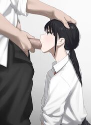 1boy black_eyes black_hair censored fellatio female gradient gradient_background grey_background hand_on_another's_head highres irrumatio kaminari_doon long_hair looking_up mosaic_censoring oral original ponytail straight thick_penis white_background