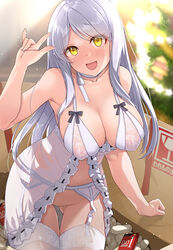 bangs bare_arms bare_shoulders blush box breasts cleavage collarbone commentary_request cowboy_shot eve_santaclaus female garter_belt garter_straps highres idolmaster idolmaster_cinderella_girls large_breasts lingerie long_hair mk_(mod0) negligee open_mouth parted_bangs smile solo styrofoam thighs underwear white_hair white_legwear yellow_eyes