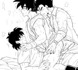 3boys anal ass bara bare_pectorals blush boots clenched_teeth clothed_sex clothes_pull collared_shirt cum cum_in_ass cum_on_boy cum_string cum_while_penetrated double_penetration dragon_ball dragon_ball_z ejaculation erection father_and_son from_side gay greyscale group_sex hands_on_another's_thighs highres incest large_pectorals looking_at_another lying male_focus mmm_threesome monochrome multiple_boys muscular muscular_male nipples on_back on_person open_clothes open_mouth open_shirt pants pants_pull pectorals penis saiyan scharlachrotn sex sex_from_behind shirt sitting sitting_on_person son_gohan son_goku son_goten teeth thick_thighs thighs threesome wristband yaoi