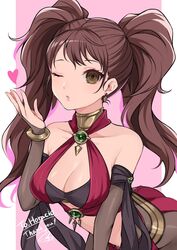 armlet armwear ass bangs bent_over bikini blowing_kiss breasts brown_eyes brown_hair cleavage cosplay dorothea_arnault dorothea_arnault_(cosplay) dorothea_arnault_(plegian)_(cosplay) earrings elbow_gloves emerald emerald_(gem) fire_emblem fire_emblem:_three_houses gloves gold gold_(metal) gold_armlet gold_earrings heart jewelry kujikawa_rise large_breasts looking_at_viewer nintendo persona persona_4 pink_heart pink_lips shimizu_akina simple_background thank_you wink winking winking_at_viewer