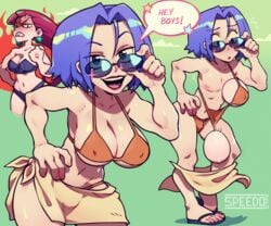 1boy 1girls big_breasts breast_padding breasts cleavage crossdressing crossdressing_male fake_breasts female femboy james_(pokemon) jessie_(pokemon) large_breasts male male_focus pokemon pokemon_rgby speedosausage team_rocket