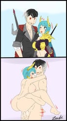 1boy 1girls 2koma clothing comic large_breasts male/female older_male partially_clothed qrow_branwen rance_(series) rwby stand_and_carry_position standing_sex sword weapon younger_female yulang_mirage zronku