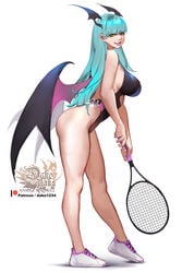 1girls capcom clothing darkstalkers demon_wings female female_only green_hair head_wings hi_res hu_dako leotard long_hair looking_at_viewer medium_breasts morrigan_aensland orange_eyes purple_lipstick shoes side_view smiling smiling_at_viewer solo solo_female succubus tennis_racket white_background wings