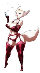 2019 absurd_res aggressive_retsuko anthro big_breasts blush breasts canid canine cellphone female fennec fenneko fox gausscannon hi_res holding_cellphone holding_object holding_phone holding_smartphone mammal open_mouth phone sanrio simple_background smartphone smooth_fur solo white_background