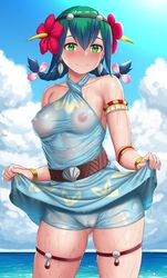 armlet bangs bare_shoulders beach belt blue_sky blue_swimsuit blush bracelet braid breasts collarbone covered_nipples dress_swimsuit earrings female flower green_eyes green_hair hair_between_eyes hair_flower hair_ornament hairband highres hitotsuki_nebura jewelry long_hair looking_at_viewer medium_breasts monster_hunter_(series) monster_hunter_stories monster_hunter_stories_2 monster_hunter_stories_2:_wings_of_ruin oerba_yun_fang protagonist_(mhs2) rider_(monster_hunter) see-through sidelocks sky smile solo swimsuit thigh_strap thighs twin_braids wet wet_clothes