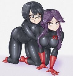 2_bodysuits 2girls black_eyes black_hair blush bodysuit breasts character_request duke_wintermaul female female_focus female_only glasses latex purple_eyes purple_hair times_infinity young_savage