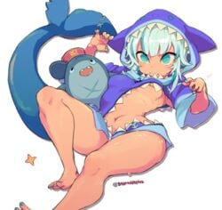 belly_button blahaj bloop_(gawr_gura) blue_eyes breasts covered_nipples female female_focus female_only gawr_gura hololive hololive_english hololive_myth ikea inverted_nipples laying_down shark shark_girl shark_hood shark_plush shark_tail solo starmilk tagme thick_thighs thighs virtual_youtuber