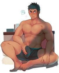 !? 1boy abs bara black_male_underwear blush boxers bulge crotch_grab crow_(siranui) cum cum_in_clothes cum_through_clothes dark-skinned_male dark_skin erection erection_under_clothes full_body highres looking_at_viewer male_focus male_only male_underwear motion_lines muscular muscular_male navel nipples original pectorals precum raised_eyebrow short_hair sideburns sitting solo stomach thighs topless_male underwear