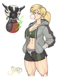 1girls 2d_(artwork) abs athletic_female athletic_wear blonde_hair bubble_gum calvin_klein cassie_cage dogtag female female_focus female_only fully_clothed green_eyes large_breasts mortal_kombat mortal_kombat_11 muscular muscular_female muscular_legs ponytail shardanic shorts solo sweatshirt thighs