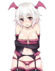 10s :o bangs black_gloves blush breasts censored colis_(regunm772) collarbone cowboy_shot demon_girl elbow_gloves eyebrows eyebrows_visible_through_hair female garter_belt garter_straps gloves groin head_wings highres kono_subarashii_sekai_ni_shukufuku_wo! large_breasts lingerie looking_at_viewer lowleg lowleg_panties mosaic_censoring navel nipples no_panties open_mouth panties red_eyes red_panties shinjin_succubus_(konosuba) solo succubus succubus_costume thighhighs underwear white_hair