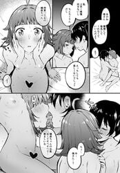 2girls absurdres ahoge breasts censored completely_nude french_kiss greyscale heart heart_censor highres japanese_text kissing kitaku_jikan_(ktk_jkn) love_live! love_live!_nijigasaki_high_school_idol_club monochrome multiple_girls navel nipples nude short_hair sitting small_breasts speech_bubble sweat takasaki_yuu tennouji_rina text translated twintails yuri