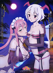 2girls absurdres ass august august_(month) bat_wings beach bed black_babydoll black_bra black_gloves black_panties blue_eyes blush body_blush bra breasts calendar_(medium) cleavage covered_erect_nipples demon_girl demon_rape demoness elbow_gloves embarrassed frilled_gloves frilled_legwear frills garter_belt gloves halterneck hand_on_another's_shoulder head_wings height_difference highres july july_(month) komatsu_momoka kono_subarashii_sekai_ni_shukufuku_wo! large_breasts leaning_forward lingerie logo long_hair looking_at_viewer maid_headdress moon multiple_girls naughty_face navel night official_art outdoors outstretched_arm palm_tree panties parted_lips pink_eyes pink_hair pink_panties pointy_ears profile purple_gloves shinjin_succubus_(konosuba) short_hair silver_hair skindentation sky small_breasts star_(sky) starry_sky succubi succubus succubus_costume tree uketsuke_succubus_(konosuba) underwear wings