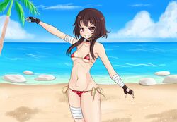 beach bikini breasts brown_hair cleavage duke_wintermaul female female_focus female_only fingerless_gloves kono_subarashii_sekai_ni_shukufuku_wo! long_hair megumin red_bikini red_eyes young_savage