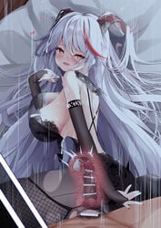 1boy 1girls aegir_(azur_lane) alternate_costume ass azur_lane backless_dress backless_outfit bare_shoulders bareback black_dress black_gloves blush breasts bridal_gauntlets censored clothing cum cum_in_pussy cum_in_uterus cum_inside dress female fine_fabric_emphasis gloves hair_on_horn heart large_breasts long_hair looking_at_viewer lying madotsukumo male male_pubic_hair multicolored_hair on_side open_mouth penetration penis pubic_hair red_hair sex spread_legs straight two-tone_hair uterus vaginal_penetration very_long_hair white_hair x-ray yellow_eyes