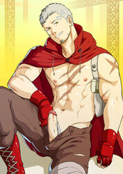 1boy abs bandaid bandaid_on_forehead bara bare_pectorals brown_pants bulge cape censored cross_scar erection facial_hair gloves goatee grey_hair head_tilt looking_at_viewer male male_focus male_only mature_male mosaic_censoring muscular muscular_male navel nipples no_male_underwear no_shirt open_fly pants pectorals persona persona_3 red_cape red_gloves sanada_akihiko scar scar_on_arm scar_on_chest short_hair sideburns smile solo stomach thick_thighs thighs uncensored undercut zink_(zink_mchn)