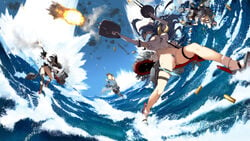 4girls action beret black_hair blue_eyes blue_hair bottomless breasts commentary_request day double_bun elbow_gloves firing gloves hairband hamakaze_(kantai_collection) hat isokaze_(kantai_collection) kantai_collection large_breasts long_hair multiple_girls no_pants ocean outdoors panties panties_around_one_leg pleated_skirt pubic_hair pussy remodel_(kantai_collection) rigging rudder_footwear sailor_collar shell_casing short_hair silver_hair skirt takemura_sessyu tanikaze_(kantai_collection) thigh_strap torn_clothes torpedo_tubes turret uncensored underwear urakaze_(kantai_collection) walking walking_on_liquid white_gloves white_hairband white_headwear