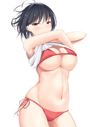 1girls 2020 absurdres ahoge arms_up bangs bikini black_hair blush breasts cleavage clothes_lift covered_nipples expressionless eyebrows_visible_through_hair female female female_focus female_only highres kanade_pa kanata_(kanade_pa) large_breasts lifted_by_self looking_at_viewer navel original original_character red_bikini shirt shirt_lift side-tie_bikini simple_background solo solo_female standing swimsuit underboob undressing white_background white_shirt yellow_eyes