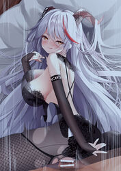 1boy aegir_(azur_lane) alternate_costume azur_lane backless_dress backless_outfit bar_censor bare_shoulders bareback black_dress black_gloves breasts bridal_gauntlets censored dress female fine_fabric_emphasis gloves hair_on_horn large_breasts long_hair looking_at_viewer lying madotsukumo male_pubic_hair motion_lines multicolored_hair on_side penis pubic_hair red_hair sex straight two-tone_hair vaginal_penetration very_long_hair white_hair yellow_eyes