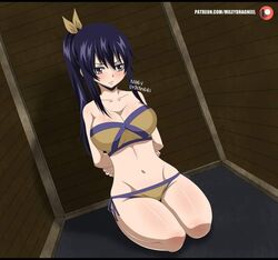 1girls big_breasts blue_hair bondage edens_zero full_body hands_behind_back hands_tied hands_tied_back hands_tied_behind_back homura_kogetsu long_hair mileydragneel ponytail red_eyes sole_female solo swimsuit tied_up