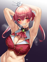 1girls 2020 :d absurdres alternate_version_available armpits arms_behind_head arms_up ascot bangs bare_shoulders blush breasts cleavage cropped_vest emerald_(gemstone) female female_focus female_only gem glint gloves gradient gradient_background grin hair_between_eyes hair_ribbon heterochromia highres hololive hololive_fantasy hololive_japan houshou_marine kisaragi_tsurugi large_breasts long_hair looking_at_viewer navel open_mouth orange_eyes purple_background purple_hair red_ascot red_eyes red_hair red_ribbon red_vest ribbon signature sleeveless smile solo solo_female steaming_body stomach teeth twintails upper_body v vest virtual_youtuber white_gloves