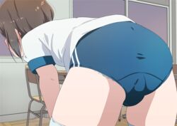 1boy ass ass_focus bent_over bike_shorts brown_hair buruma classroom crossdressing femboy girly gym_uniform indoors male male_focus male_only original otoko_no_ko panties_under_bike_shorts panties_under_buruma shirt short_hair short_sleeves solo thighhighs trap wachiwo white_legwear white_shirt