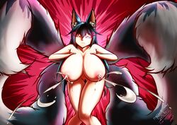 4_tails animal_ear_fluff animal_ears areolae artist_name bangs blue_eyes borrowed_character breast_squeeze breasts curvy female floofsmear fox_ears fox_girl fox_tail gluteal_fold hair_between_eyes hair_ornament hairclip half-closed_eyes hanging_breasts huge_breasts kiri_(sub-res) kitsune lactation large_areolae large_nipples legs_together long_hair looking_at_viewer milk_squirt multiple_tails one_eye_closed original puffy_areolae puffy_nipples sidelocks solo standing tail thick_thighs thighs wide_hips