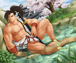 1boy abs artist_request bandaged_arm bandages bara bare_pectorals boulder bulge cherry_blossoms clothes_down cum cum_in_clothes full_body fundoshi haohmaru haoumaru highres large_pectorals long_hair long_hair_male looking_at_viewer male_focus male_only mature_male muscular muscular_male nipples no_pants open_clothes open_shirt pectorals samurai_shodown sheath sheathed sideburns sitting snk solo stomach thick_thighs thighs tied_hair traditional_clothes