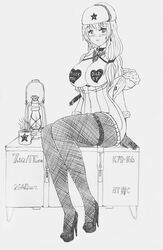 ammo_crate blush breasts_out_of_clothes coat_removed coffee_mug collar girls'_frontline high_heels large_breasts monochrome mosin-nagant_(girls'_frontline) oil_lamp pantyhose pasties side_ponytail sweater sweater_dress ushanka wide_hips