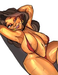 armpits arms_behind_head bikini brown_hair dark-skinned_female dark_skin disney disney_channel female female_only huge_breasts large_breasts looking_at_viewer mature_female rough_sketch seanmalikdesigns seductive sling_bikini sunset_boulevardez the_proud_family toon_disney white_background