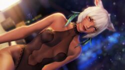 1girls areolae breasts cat_ears final_fantasy final_fantasy_xiv gpose(ffxiv) miqo'te navel nipples see-through see-through_clothing short_hair solo solo_female solo_focus square_enix white_hair y'shtola zly