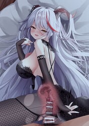 1boy aegir_(azur_lane) alternate_costume azur_lane backless_dress backless_outfit bar_censor bare_shoulders bareback black_dress black_gloves breasts bridal_gauntlets censored dress female fine_fabric_emphasis gloves hair_on_horn large_breasts long_hair looking_at_viewer lying madotsukumo male_pubic_hair multicolored_hair on_side penis pubic_hair red_hair sex straight two-tone_hair vaginal_penetration very_long_hair white_hair x-ray yellow_eyes