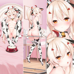 animal_ears animal_print anus ayanami_(azur_lane) azur_lane back bangs bell black_choker blonde_hair blush bowl breasts bridal_gauntlets chinese_commentary choker closed_mouth commentary_request cow_ears cow_horns cow_print cowbell dakimakura_(medium) eyebrows_visible_through_hair fake_animal_ears fake_horns feet female full_body hair_ornament heart heart-shaped_pupils highres horns long_hair looking_at_viewer milk multiple_views navel neck_bell nipples no_shoes nude parted_lips pet_bowl ponytail print_bridal_gauntlets print_legwear pussy sex_toy sitting small_breasts suggestive_fluid symbol-shaped_pupils thighhighs tongue tongue_out uncensored very_long_hair vibrator wooden_floor yellow_eyes yutian_alice