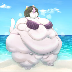 beach bikini catti_(deltarune) deltarune feline female furry gigantic_belly huwon morbidly_obese obese obese_female ssbbw sweat