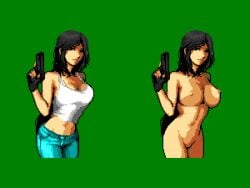 1girls areola black_hair blue_jeans breasts character_request copyright_request female female_focus female_only gloves holding_gun jeans light_skin light_skinned_female long_hair looking_at_viewer no_sex nude nude_female pants pixel_art plump_breasts raravista shaved_pussy tank_top